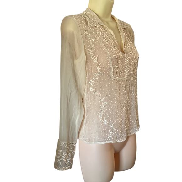 ECI Cream Silk Beaded Blouse Sheer Fancy Woman Size Small Boho Fairy - Picture 2 of 10
